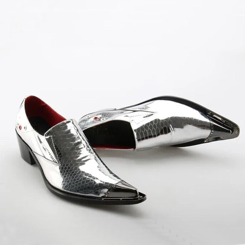 Silver Pointed High-Heeled Dress Shoes Men's Fashion Dress Shoes