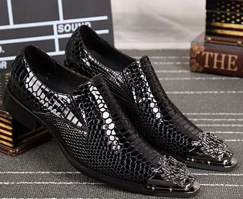 Black Snake Patterned Metal Toe Handmade Men's Formal Shoes