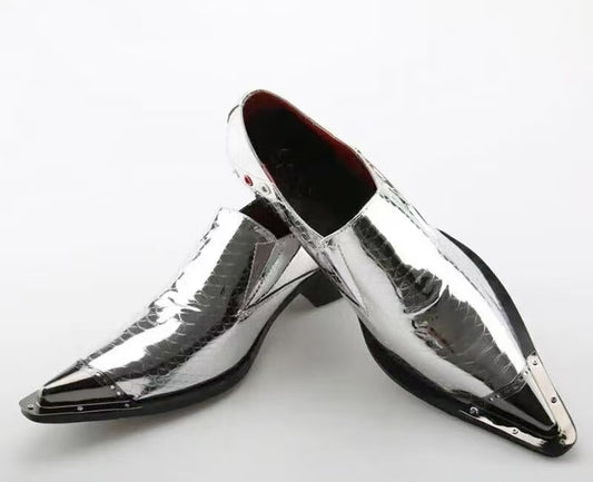 Silver Pointed High-Heeled Dress Shoes Men's Fashion Dress Shoes